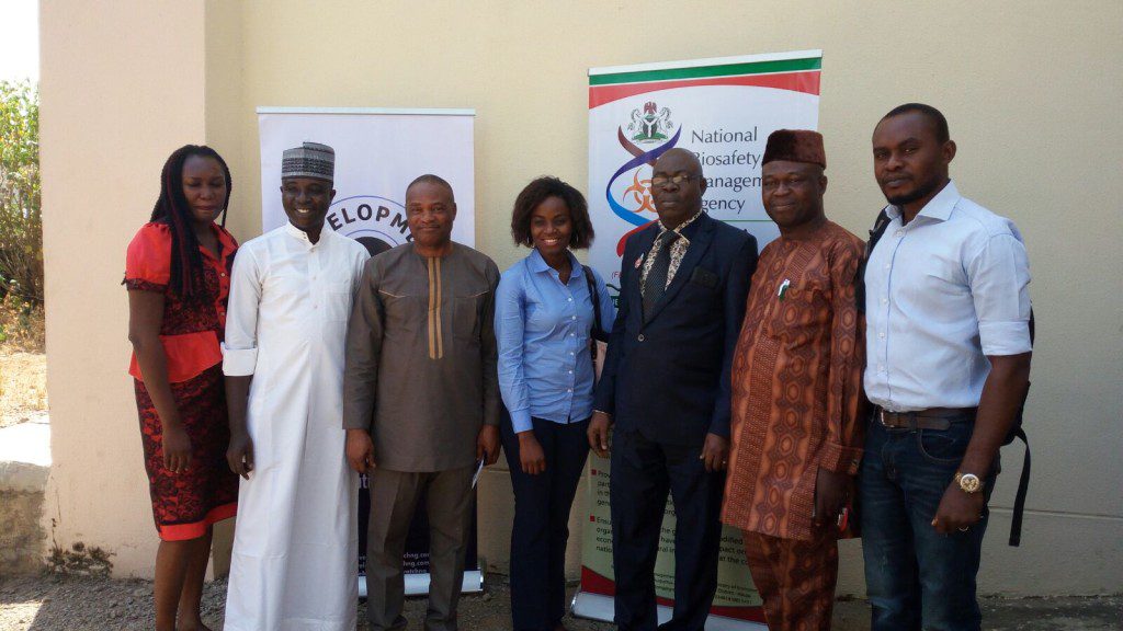 3rd right: DG/CEO, National Biosafety Management Agency (NBMA), Sir Rufus Ebegba; 3rd left: Head of Plant Sciences Department, University of Abuja, Prof. Polycarp Anyaegbu; 2nd left: Coordinator, Journalists for Social Development Initiative (JSDI), Etta Michael Bisong; middle: Representative of Open Forum on Agricultural Biotechnology (OFAB), Nigeria chapter, Modesta Abugu; 2nd right: Representative of NBMA, Agha Ukpai; 1st right: Co-coordinator (JSDI), Orem Albert; 1st left: Head of programmes (JSDI), Gloria Ogbaki during a courtesy visit led by JSDI to the cooperate head office of the NBMA in Abuja 